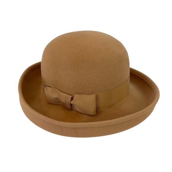 Burberry Vintage Rabbit Hair Wool Hat with Bow Made in England Tan Light Brown - Picture 1 of 12
